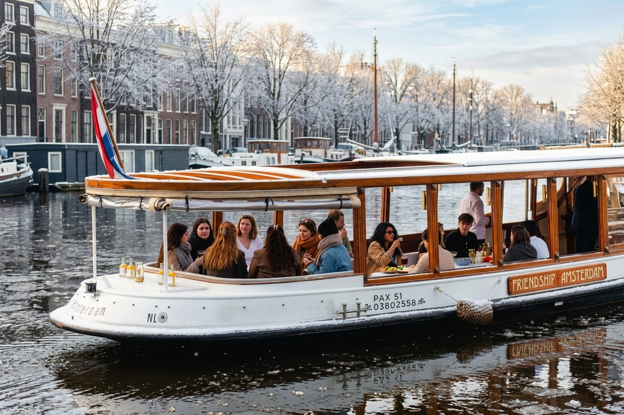 Guests raising a toast aboard a saloon boat among snow-covered canal houses