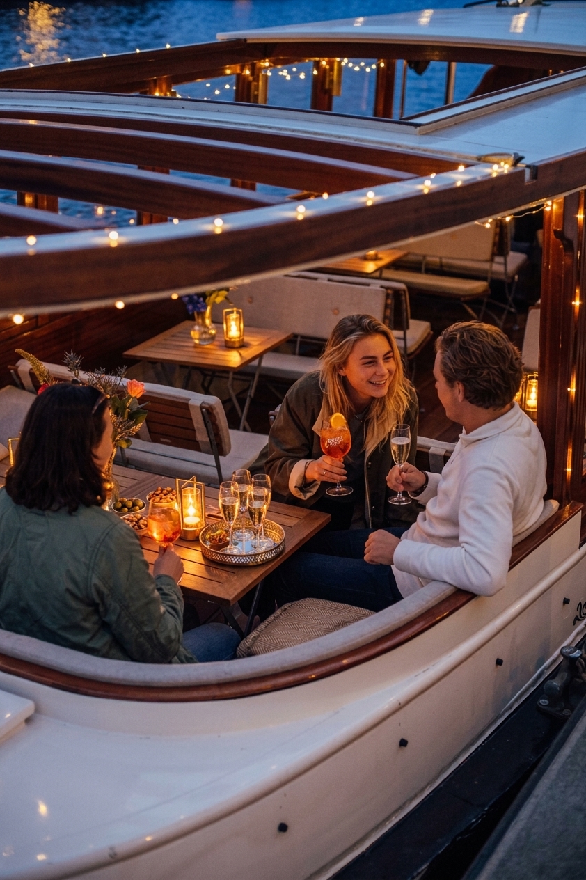 Festive Christmas dinner at the long table aboard a saloon boat