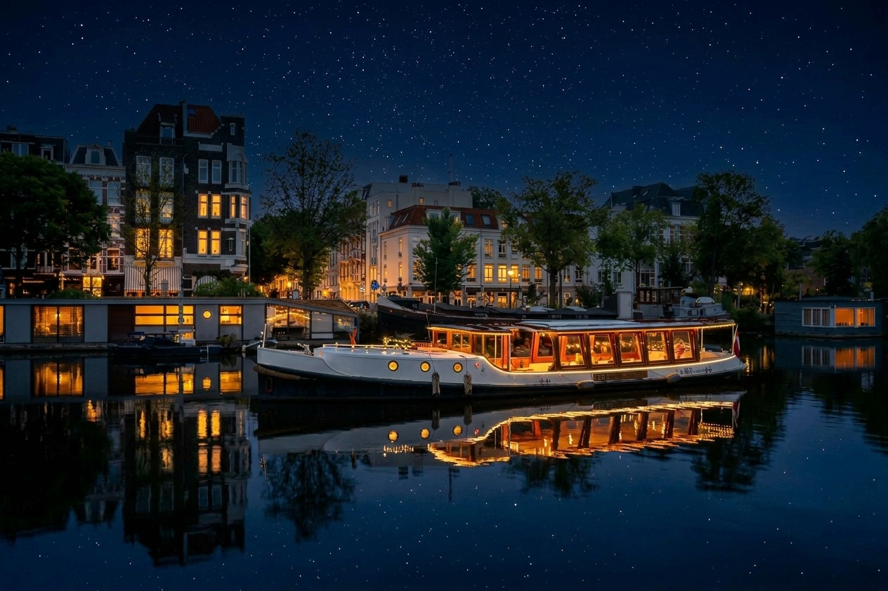 Illuminated saloon boat at night on an Amsterdam canal