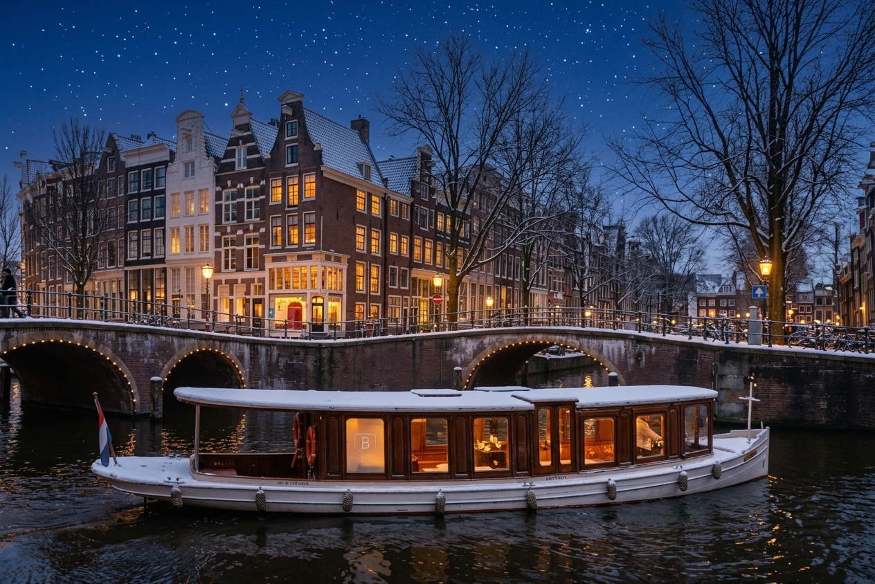 Saloon boat Ondine cruising along a snow-covered Amsterdam canal in the evening