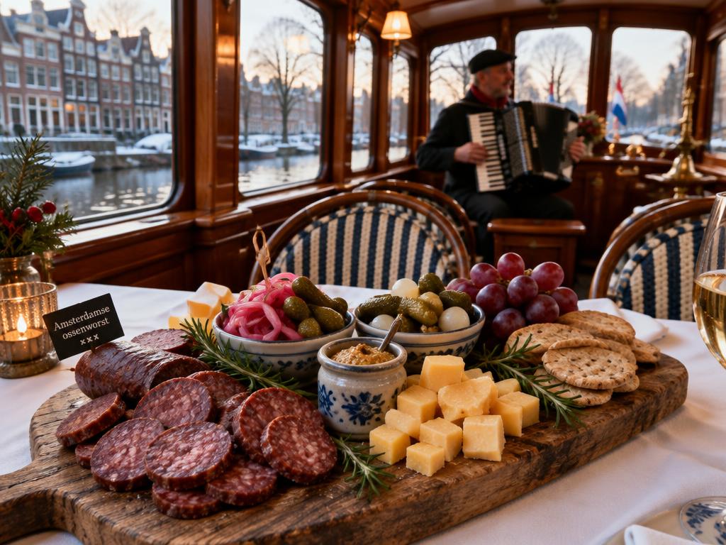 Amsterdam-style sharing platter with ossenworst beef sausage and pickles aboard a saloon boat, with an accordionist