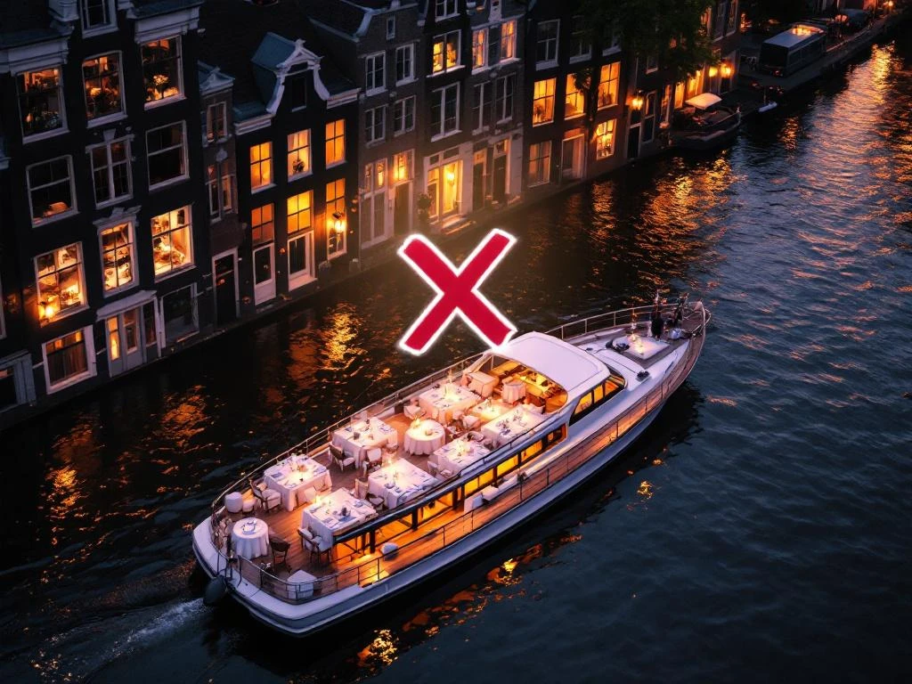 Luxe dinerboot op Amsterdamse gracht bij zonsondergang met annuleringssymbool, naast historische grachtenpanden
