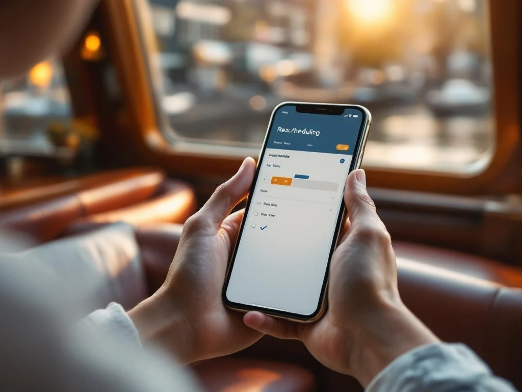 Handen met smartphone tonen kalender-app met herplanningsopties in luxe Amsterdamse rondvaartboot met leren stoelen