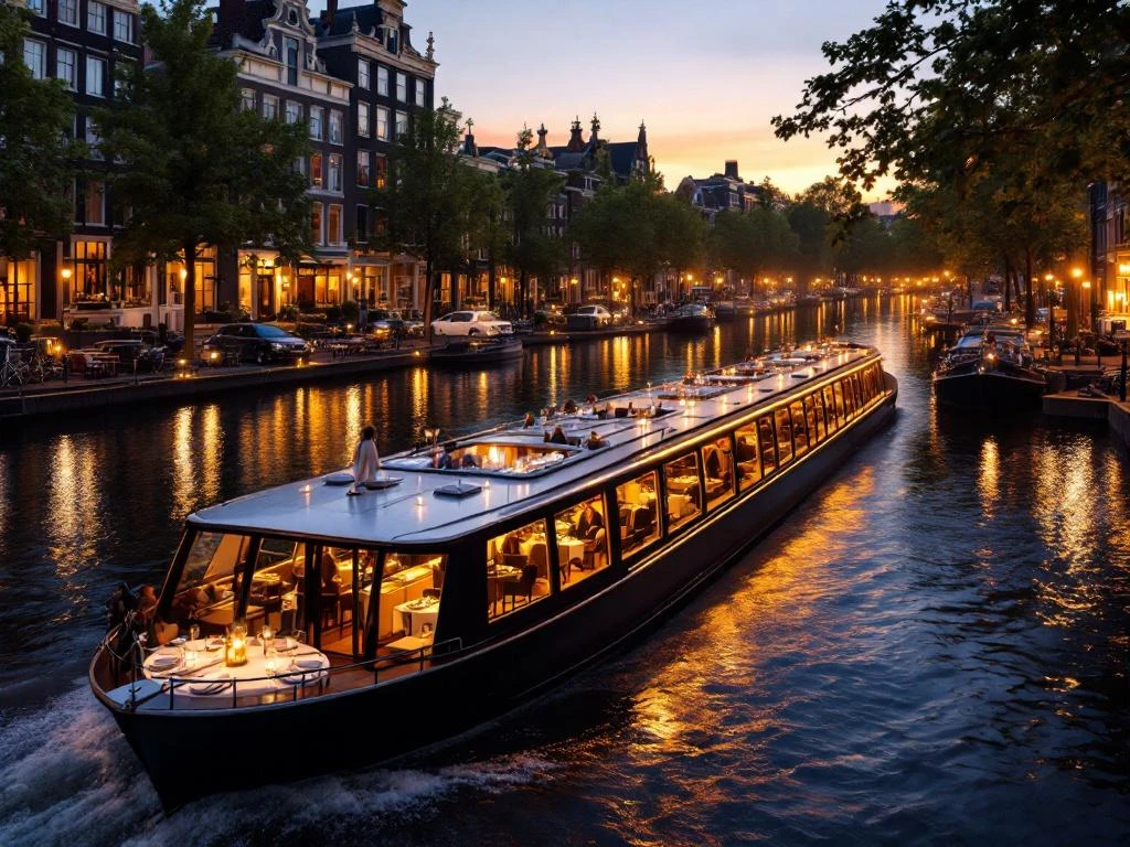 Luxe dinerboot vaart door Amsterdamse grachten tijdens gouden uur met gedekte tafels en historische grachtenpanden