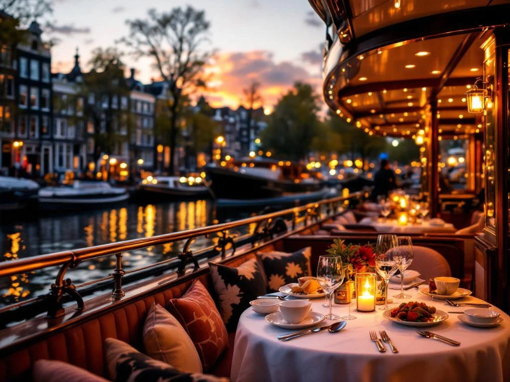 Luxe diner cruise op Amsterdamse grachten bij zonsondergang met gedekte tafel en historische grachtenpanden