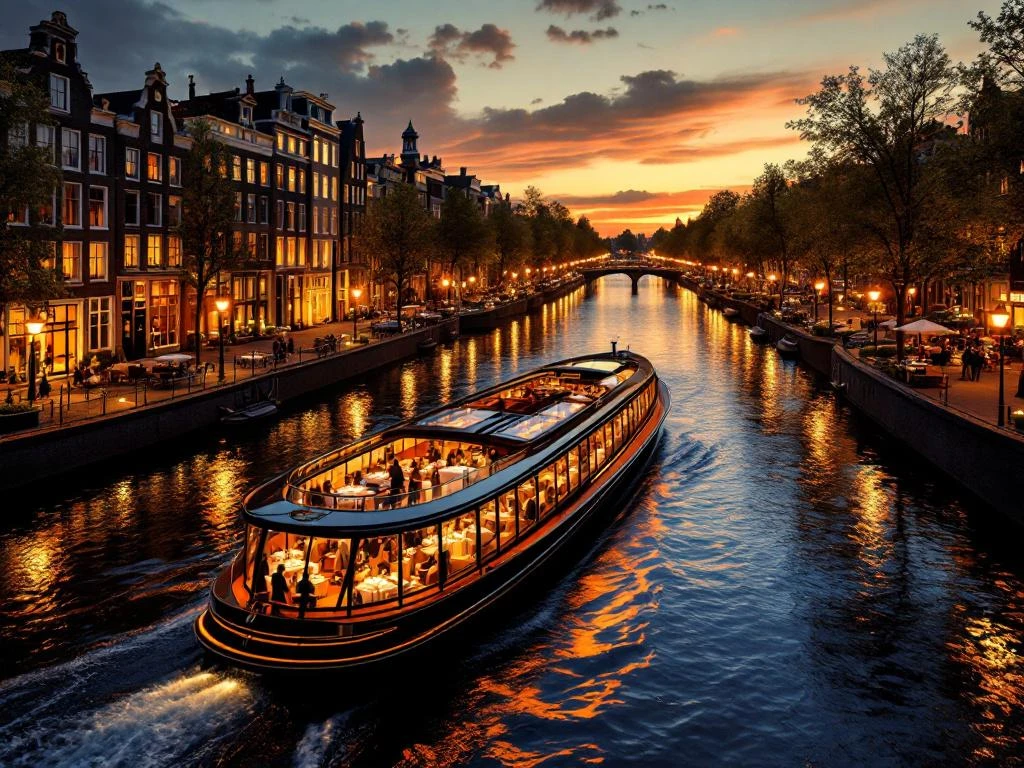 Luxe dinerboot vaart door verlichte Amsterdamse grachten tijdens zonsondergang met historische grachtenpanden