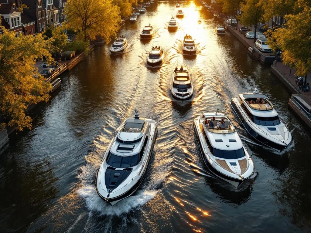 Luchtfoto van Amsterdam kanalen met elegante bedrijfsboten variërend van 12 tot 50 personen bij gouden uurtje