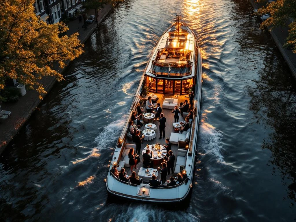 Luchtfoto van luxe bedrijfsfeest op boot in Amsterdamse grachten tijdens gouden uur met collega's die netwerken
