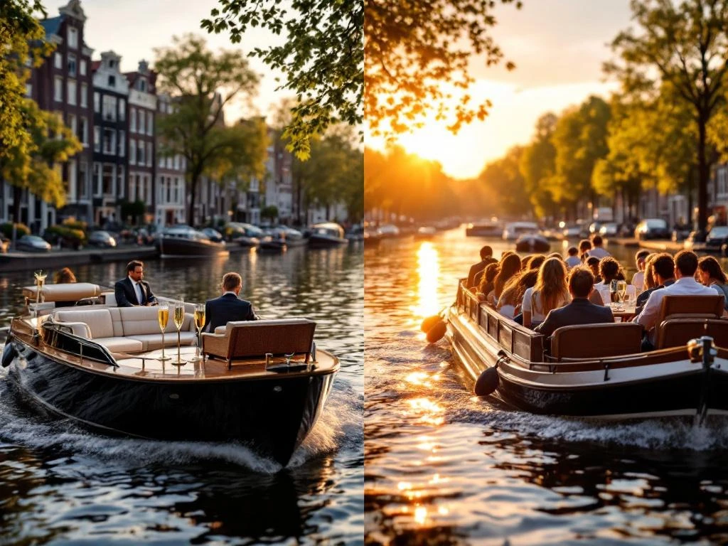 Twee boten op Amsterdamse grachten: luxe privéboot met champagne links, grotere groepsboot rechts bij historische huizen