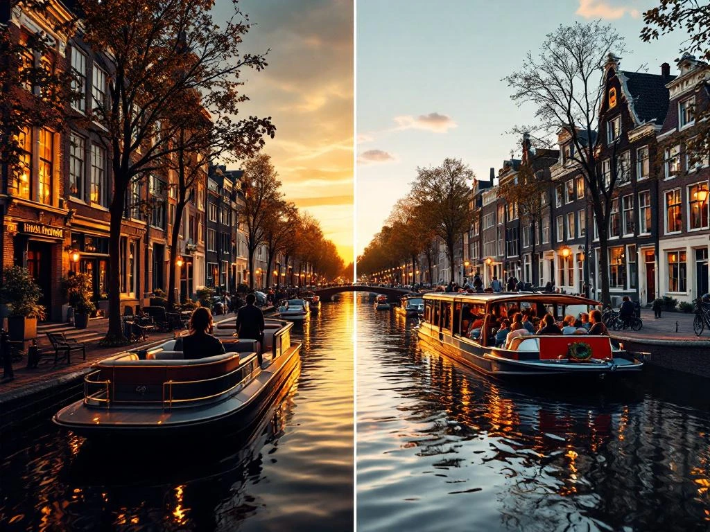 Luxe privéboot en gedeelde rondvaartboot op Amsterdamse grachten bij zonsondergang met historische grachtenpanden