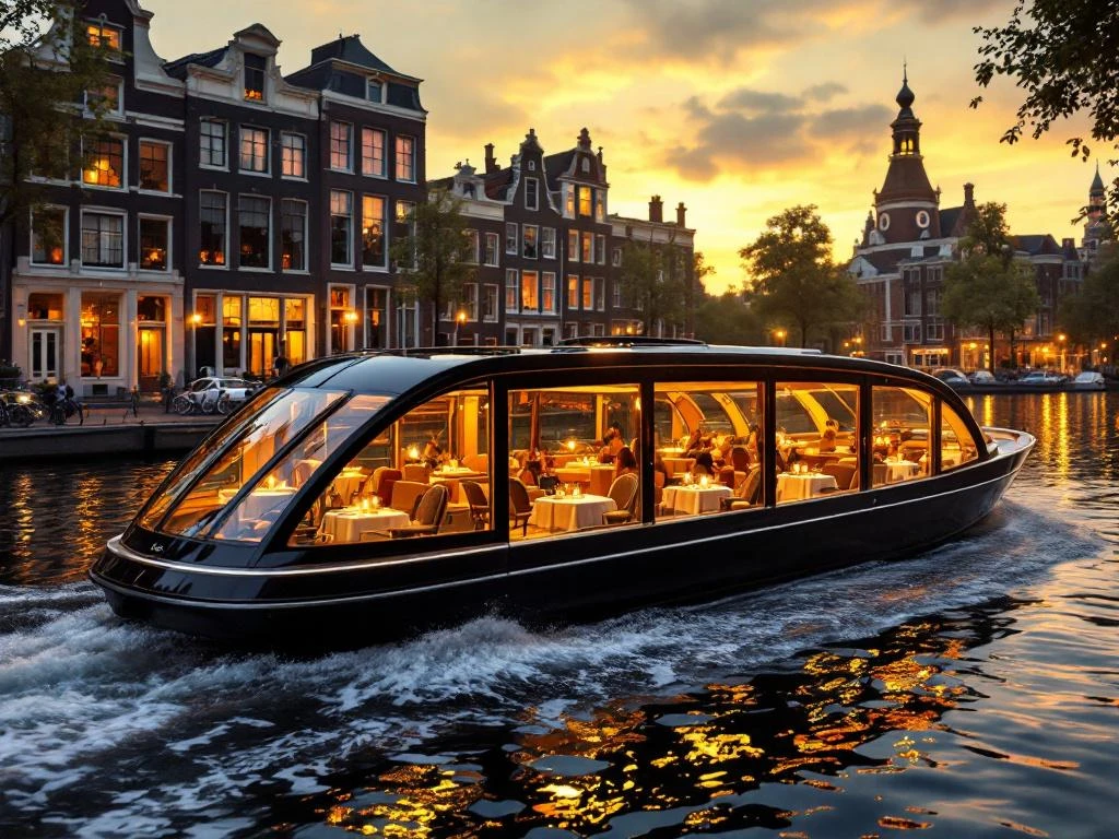 Luxe dinercruiseboot vaart door Amsterdamse grachten bij zonsondergang met elegante eetzaal en historische panden