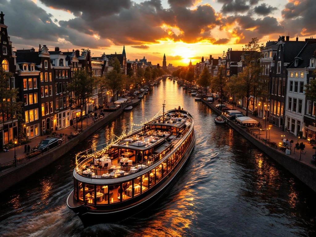 Verlichte dinerboot vaart door Amsterdamse grachten bij zonsondergang met elegante tafels en kaarslicht aan boord