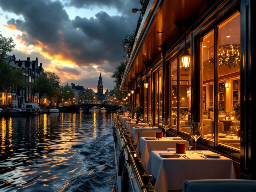 Elegante dinerboot met warme verlichting op Amsterdamse gracht bij dramatische zonsondergang met historische huizen