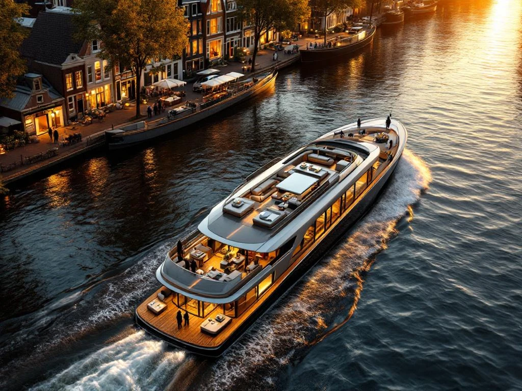 Luxe bedrijfsboot vaart door Amsterdamse grachten tijdens gouden uur met catering en premium voorzieningen aan boord
