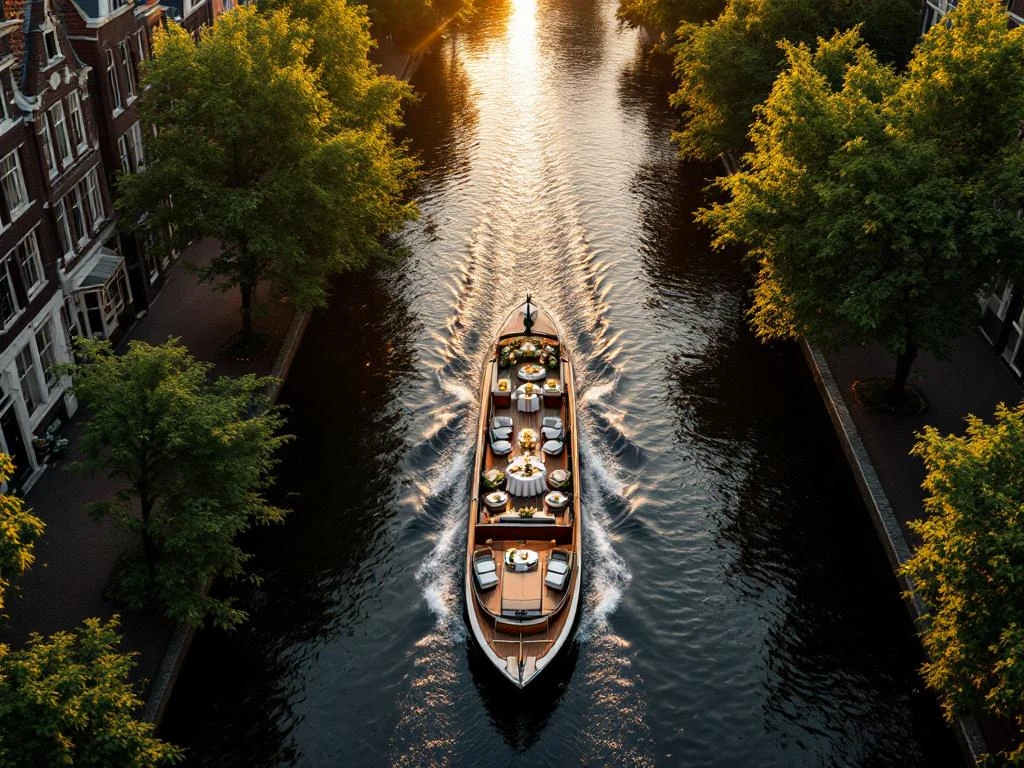 Luxe canalboat met catering tussen historische grachtenpanden in Amsterdam tijdens gouden uur