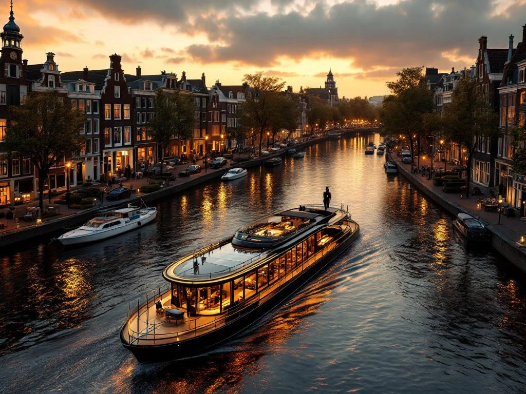 Luxe evenementenboot op Amsterdamse Herengracht tijdens gouden uur met historische grachtenpanden op achtergrond