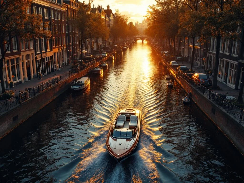 Luxe privéboot vaart door Amsterdamse grachten tijdens gouden uur met historische grachtenpanden en reflecties