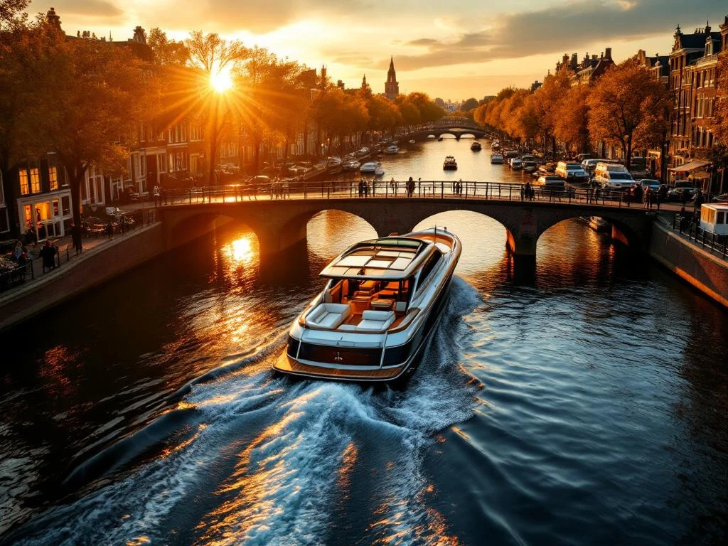 Luchtfoto van Amsterdam grachten tijdens gouden uur met luxe boot en historische Nederlandse architectuur