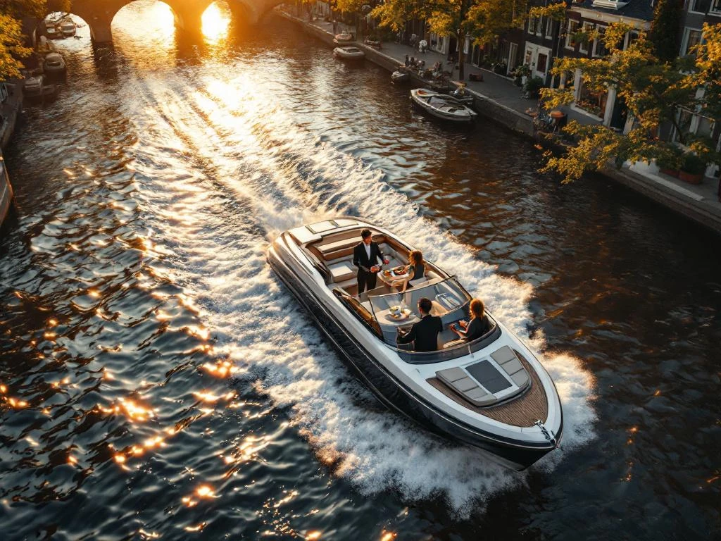 Luxe privéboot met professionele bemanning vaart door Amsterdamse grachten tijdens gouden uur