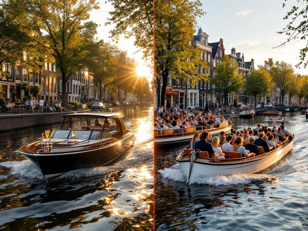 Luxe privéboot versus drukke toeristenboot op Amsterdamse grachten tijdens gouden uur met historische panden