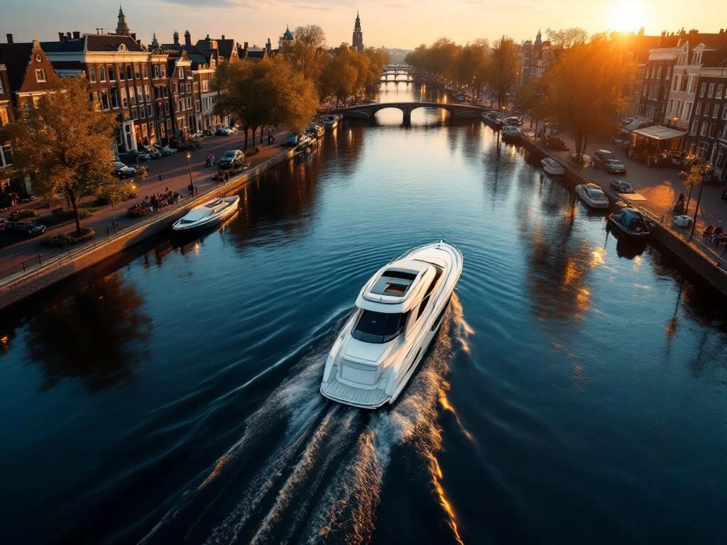 Luxe witte boot vaart door Amsterdamse grachten tijdens gouden uur met historische grachtenpanden