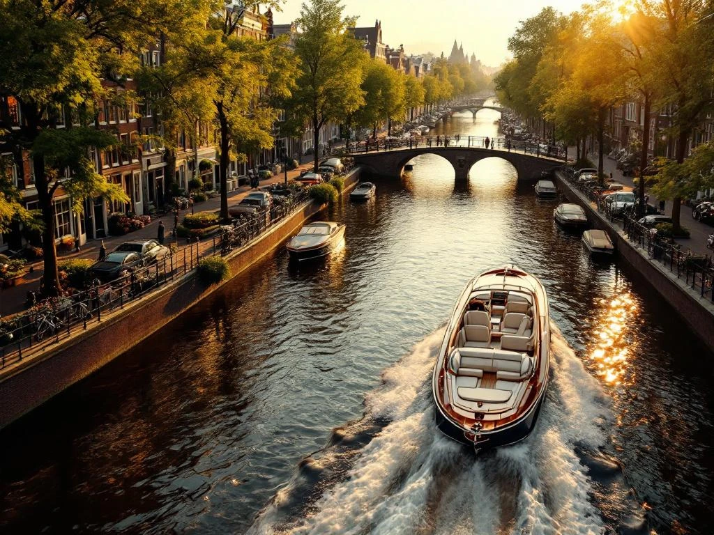 Luxe boot vaart door Amsterdamse grachten bij zonsondergang met historische grachtenpanden en bruggen