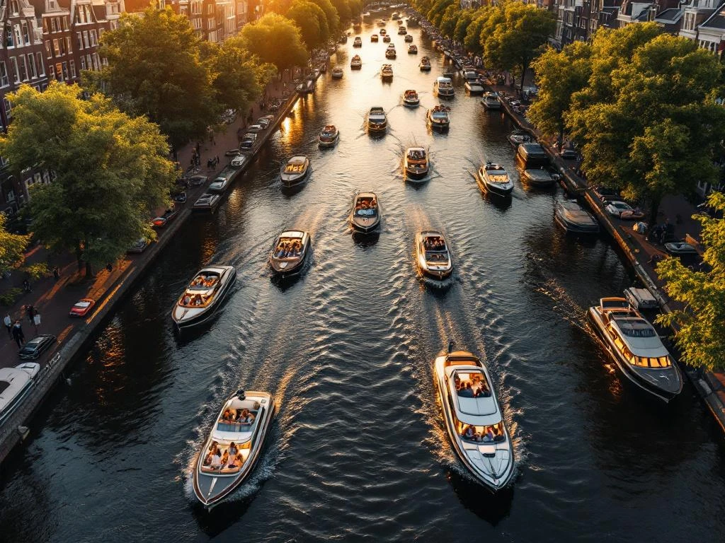 Luchtfoto van luxe privéboten op Amsterdamse grachten tijdens gouden uur met historische grachtenpanden