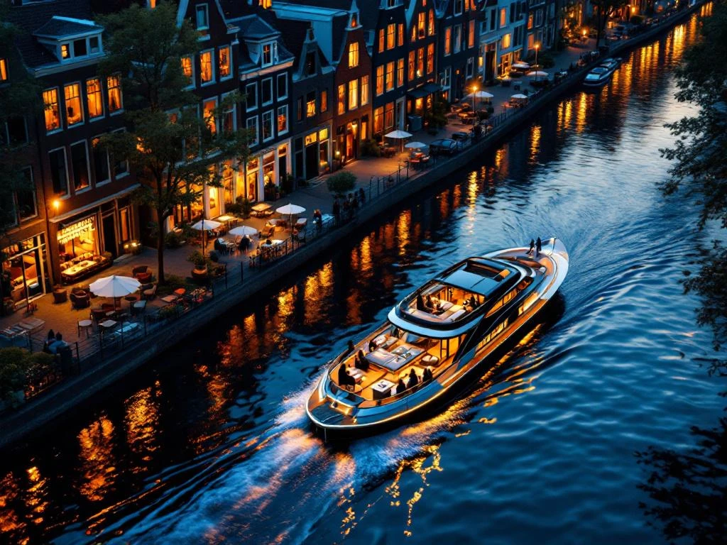 Luxe kanalboot met zakelijke opstelling vaart door Amsterdamse grachten bij zonsondergang tussen historische grachtenpanden