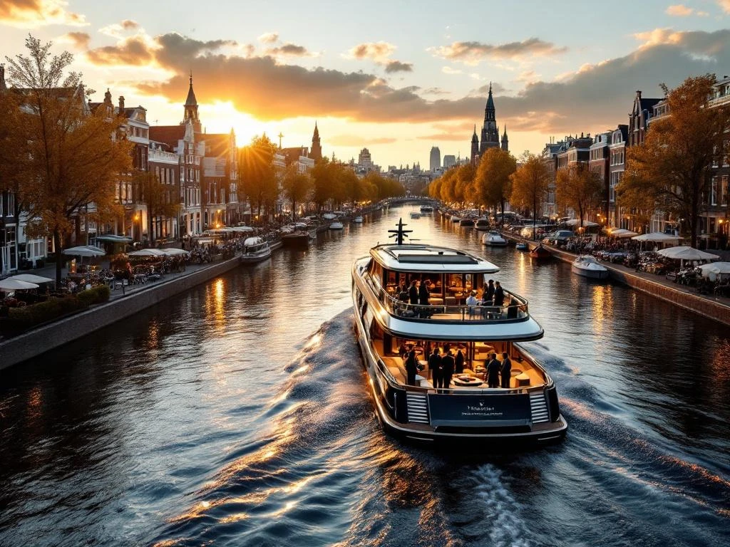 Luxe boot met zakelijke professionals op Amsterdam grachten tijdens gouden uur, historische grachtenpanden op achtergrond