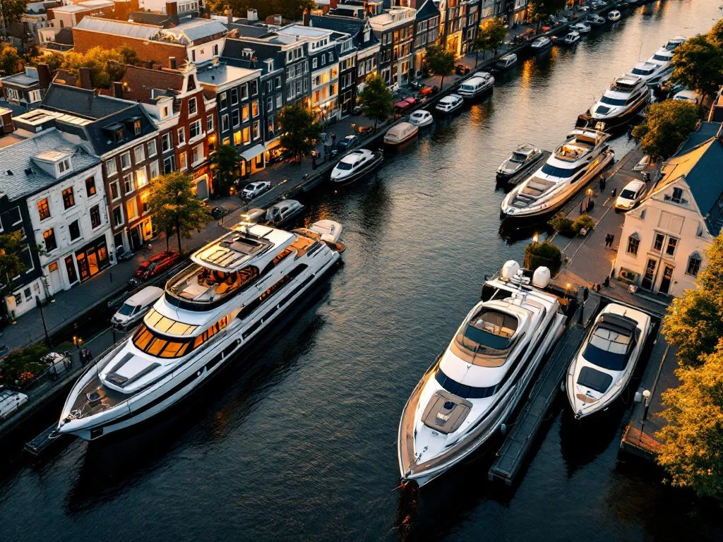 Luchtfoto van Amsterdamse grachten met luxe rondvaartboten aangemeerd bij verschillende opstapplaatsen tijdens gouden uur