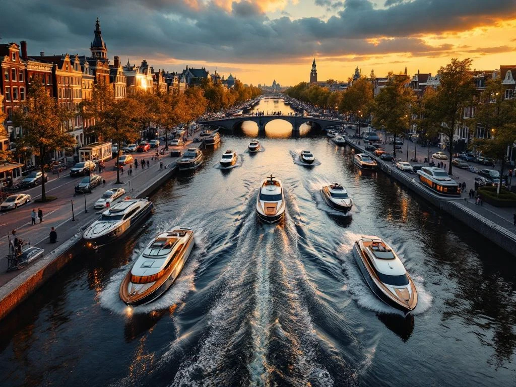 Luchtfoto van Amsterdamse grachten met luxe privéboten die vertrekken tijdens gouden uur, historische grachtenpanden zichtbaar