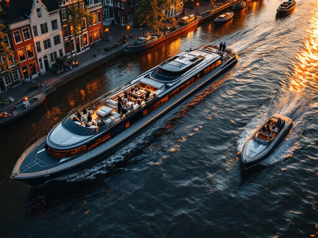 Luchtfoto van drie luxe rondvaartboten van verschillende groottes op Amsterdamse grachten tijdens gouden uur