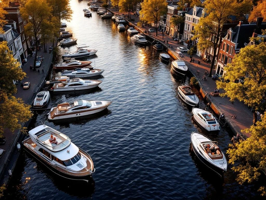 Luchtfoto van Amsterdamse grachten met luxe boten en historische grachtenpanden tijdens gouden uur