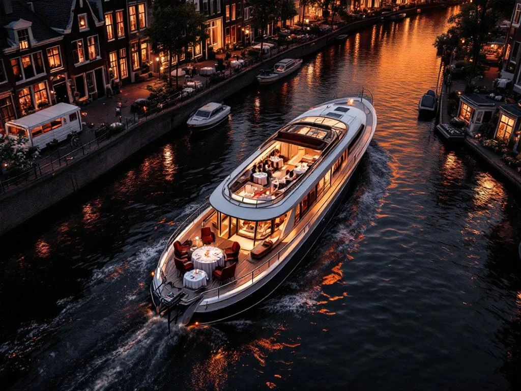 Luxe boot met verlichte eetzaal vaart door Amsterdamse grachten tijdens gouden uur, omringd door historische grachtenpanden