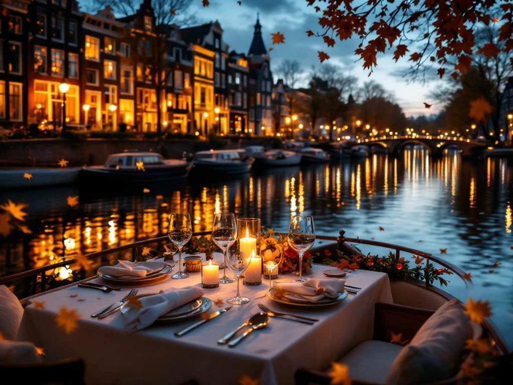 Luxe dinerboot met kaarslicht op Amsterdamse gracht tussen historische huizen met herfstbladeren in het water