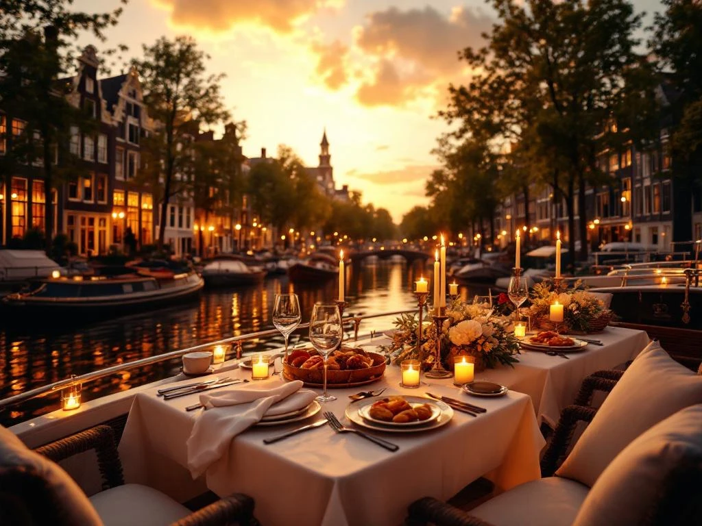 Luxe diner op kanaalboot in Amsterdam bij zonsondergang met historische grachtenpanden en romantische verlichting