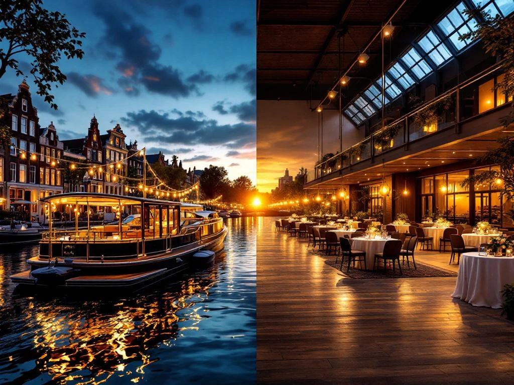 Luxe kanalboot met elegante inrichting en sfeerverlichting naast traditionele indoor evenementenlocatie in Amsterdam
