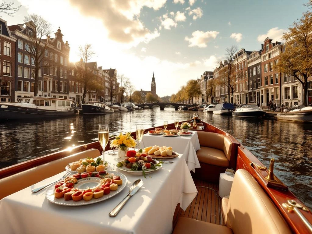 Luxe canalboot met gastronomische catering op Amsterdamse gracht met historische grachtenpanden op achtergrond