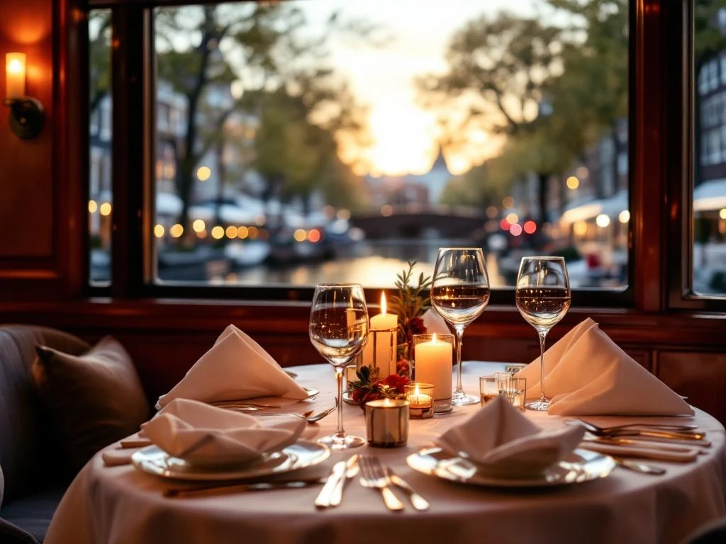 Luxe zakendiner aan boord van Amsterdamse rondvaartboot met gedekte tafel, kaarslicht en uitzicht op grachtenhuizen