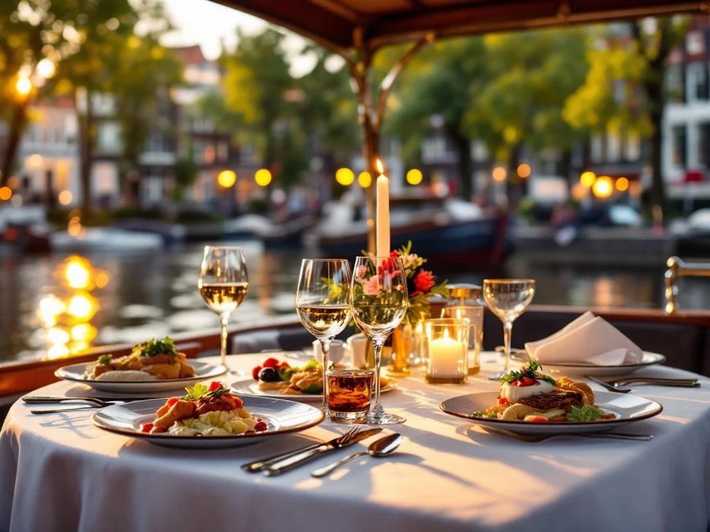 Luxe diner tafel op Amsterdam kanaalboot tijdens gouden uur met kristal, porselein en kaarslicht bij grachtenhuizen