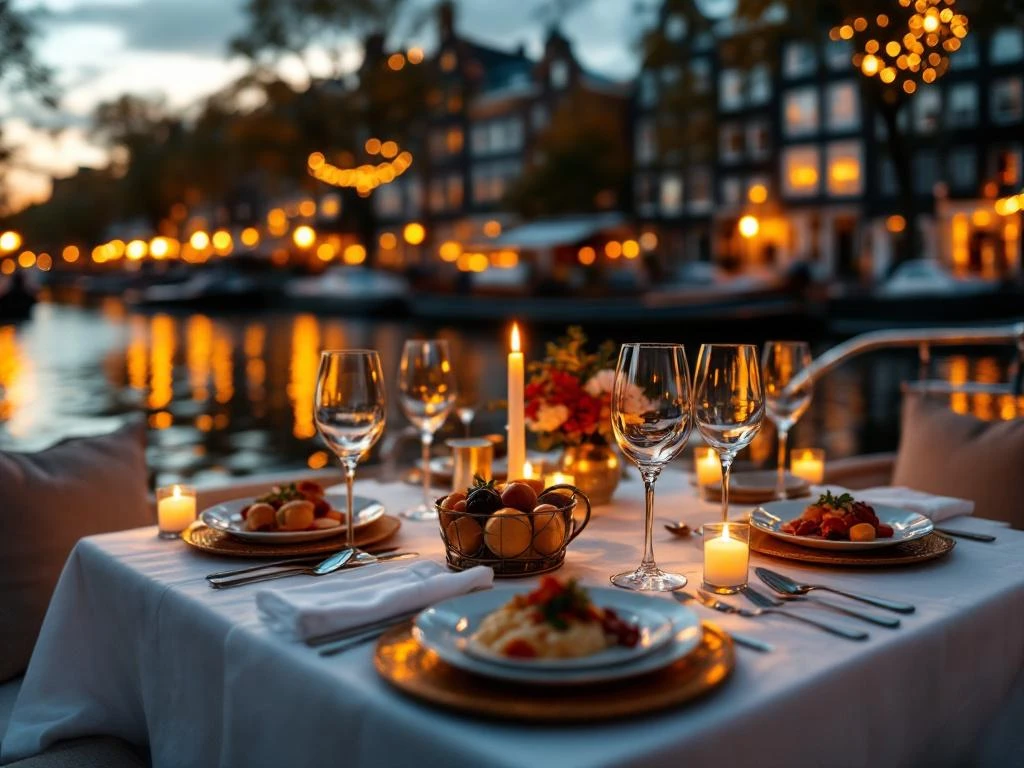 Luxe dinertafel op premiumboot door Amsterdam grachten bij zonsondergang met kristal, kaarslicht en historische huizen