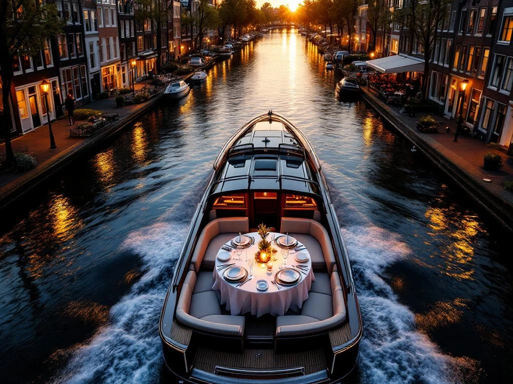 Luxe kanaalboot met zakelijke dinertafel vaart door Amsterdamse grachten bij zonsondergang met historische grachtenpanden