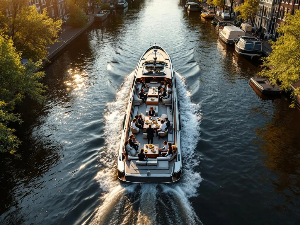 Luxe canalboot met zakelijke professionals op Amsterdam grachten tijdens gouden uur, historische grachtenpanden op achtergrond