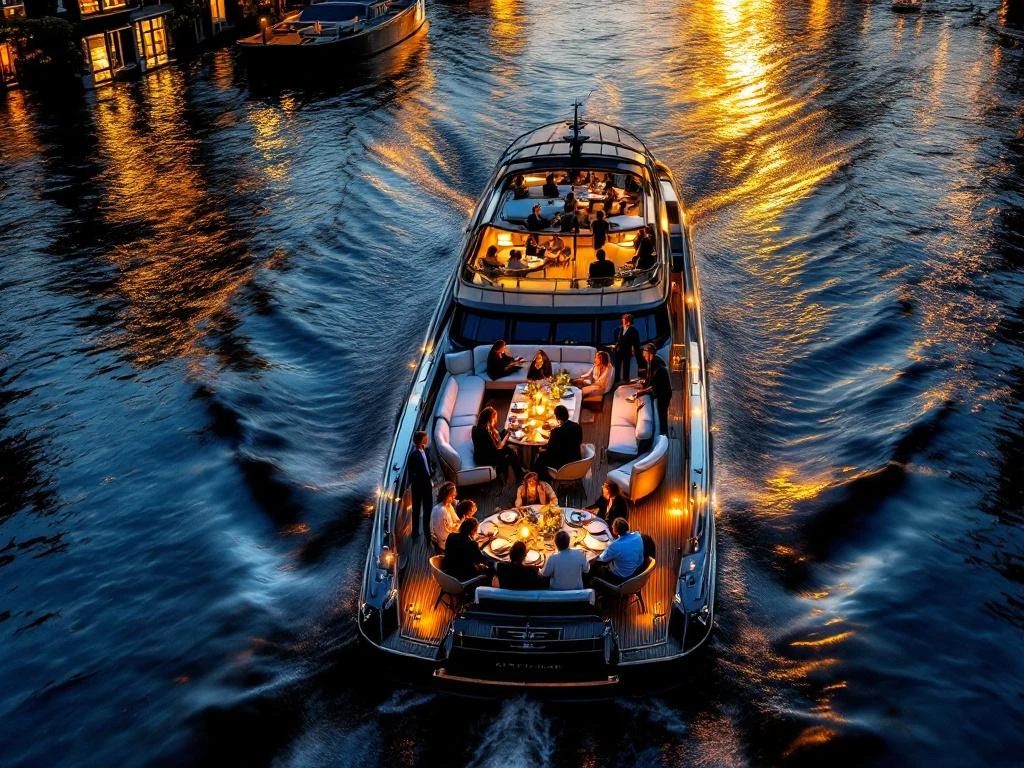 Luxe bedrijfsboot met diverse professionals die netwerken op Amsterdamse grachten tijdens gouden uur