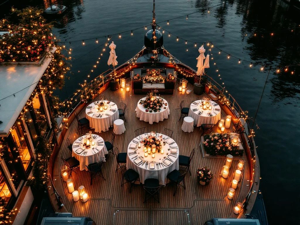 Luxe diner opstelling op boot in Amsterdamse grachten tijdens gouden uur met kaarslicht en historische panden