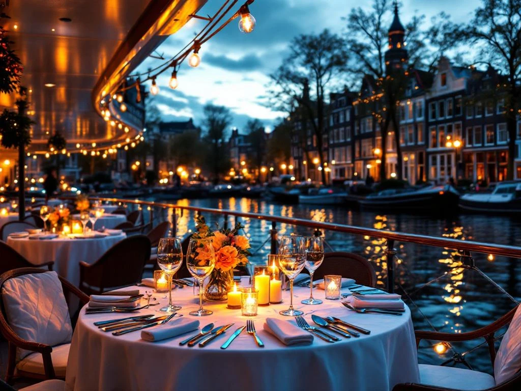 Luxe bedrijfsdiner op boot in Amsterdamse grachten met gedekte tafels, kaarslicht en historische grachtenpanden