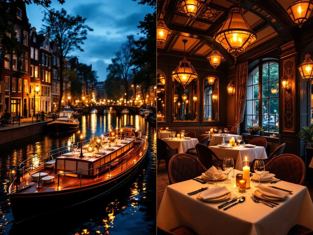 Elegante bootdiner op Amsterdamse grachten versus traditioneel restaurant interieur, split-screen vergelijking