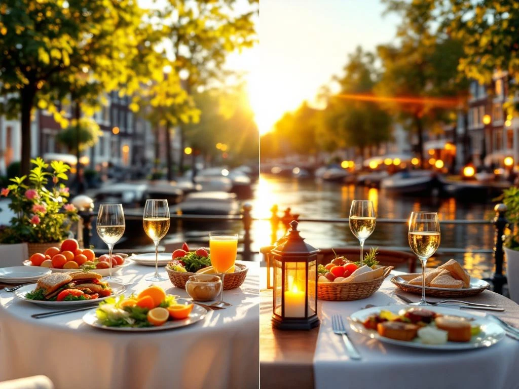 Bootdek op Amsterdamse gracht met daglunch links en avonddiner rechts, historische grachtenpanden op achtergrond
