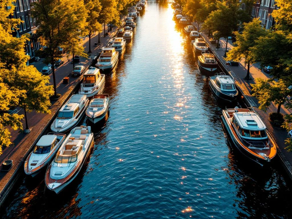 Luchtfoto van luxe rondvaartboten in Amsterdamse grachten tijdens gouden uur met historische grachtenpanden