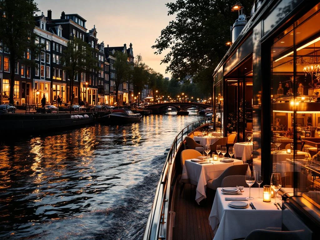 Luxe dinerboot met elegante tafel op Amsterdamse gracht tijdens gouden uur, historische grachtenpanden op achtergrond